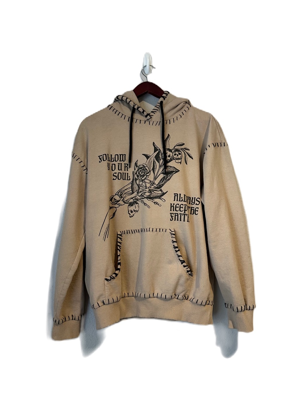 Hot Topic Beige Black Follow Your Soul Stitched Gothic Emo Men’s Hoodie Sweater